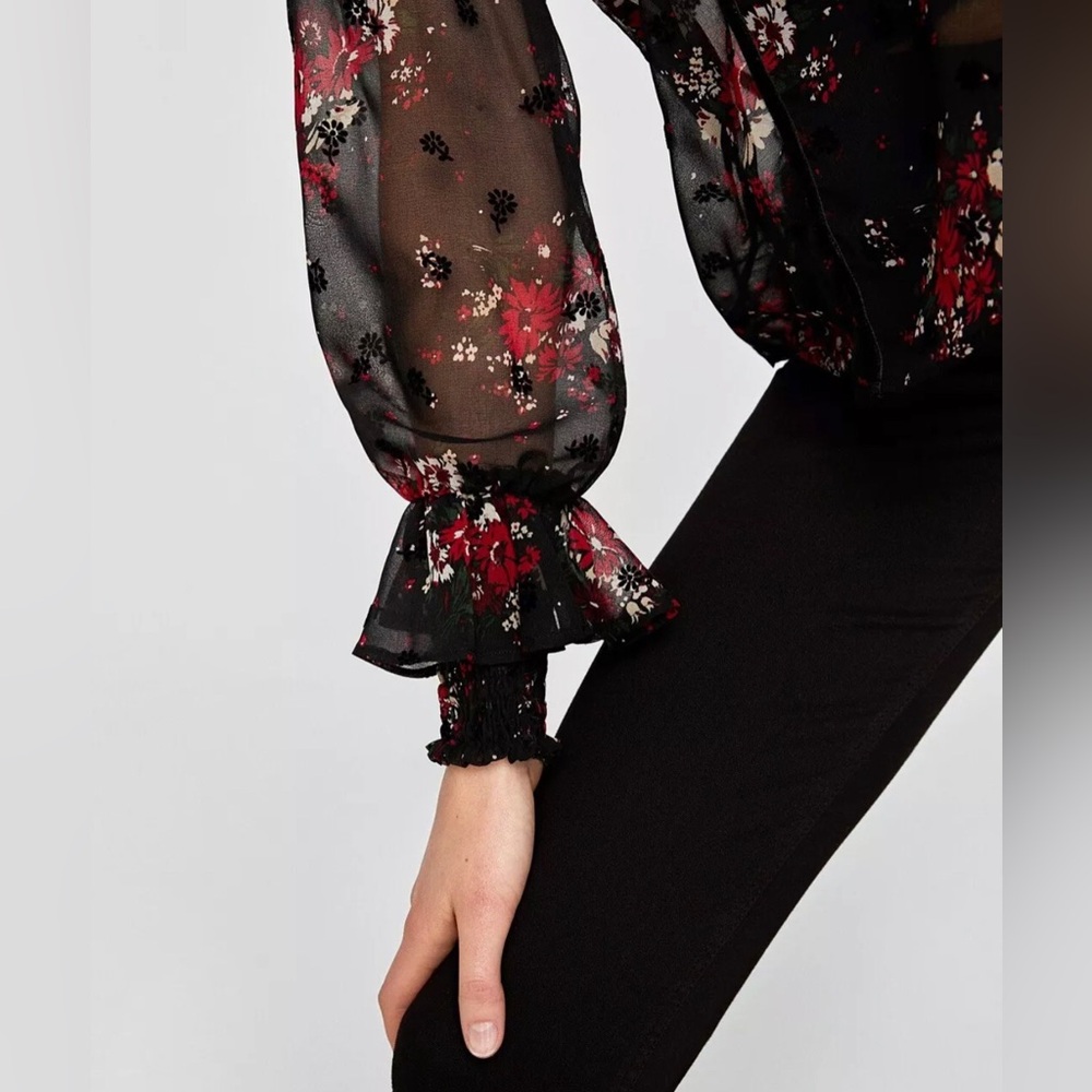 Zara Basic Sheer Dark Floral Velvet Accent V Neck Blouse w/ Ruffle Sleeve - Picture 8 of 14